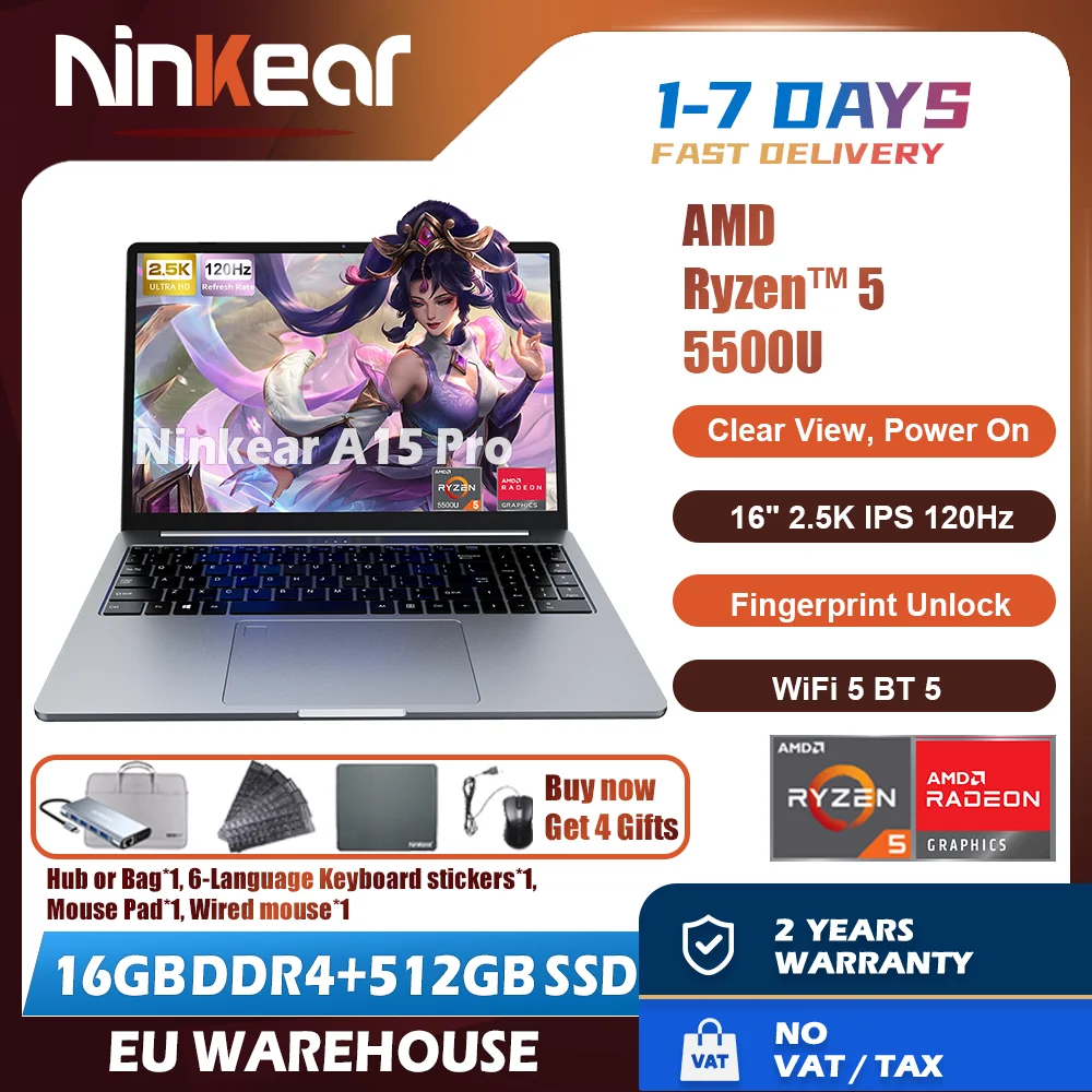 Laptop Ninkear A15 Pro 16\" 120Hz 2.5K QHD 100%sRGB AMD Ryzen ™   5 5500U Notebook 16G DDR5+512GB PCIe 3.0 SSD 1.8KG 20MM FP Odblokowanie