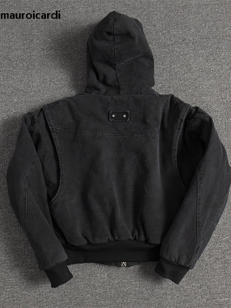 Mauroicardi Autumn Winter Short Thickened Warm Oversized Canvas Washed Padded Jacket with Faux Fur Inside Loose Casual Hoodie