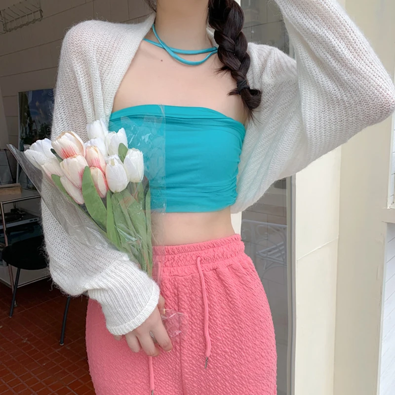 Combhasaki Damen-Sommer-Bolero mit offener Vorderseite, langärmelig, einfarbig, Sonnenschutz, transparent, gestrickt, kurze Strickjacken