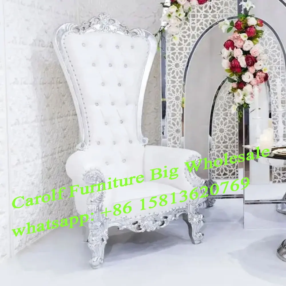 Cadeiras luxuosas de luxo king e queen com encosto alto prateado branco royal king com encosto alto para casamento em hotel usado