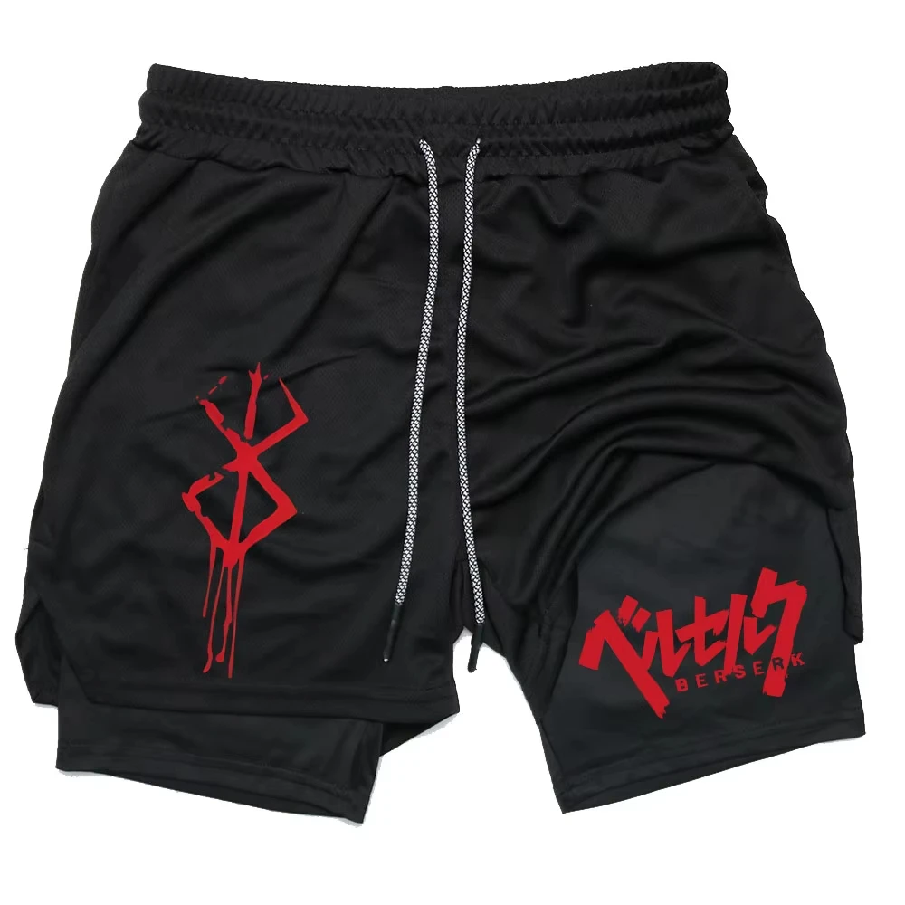 Anime Berserk Performance Shorts Herren 2-in-1 Lauf-Kompressionsshorts Training Yoga Gym Sportbekleidung Workout-Shorts mit Taschen