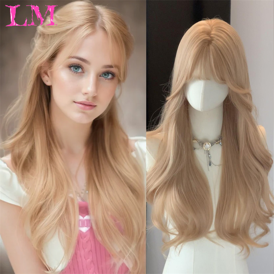 LM Curly Long Wavy Black Blonde Highlights Synthetic Hybrid Wig With Fluffy Bangs Suitable For Women Daily Use