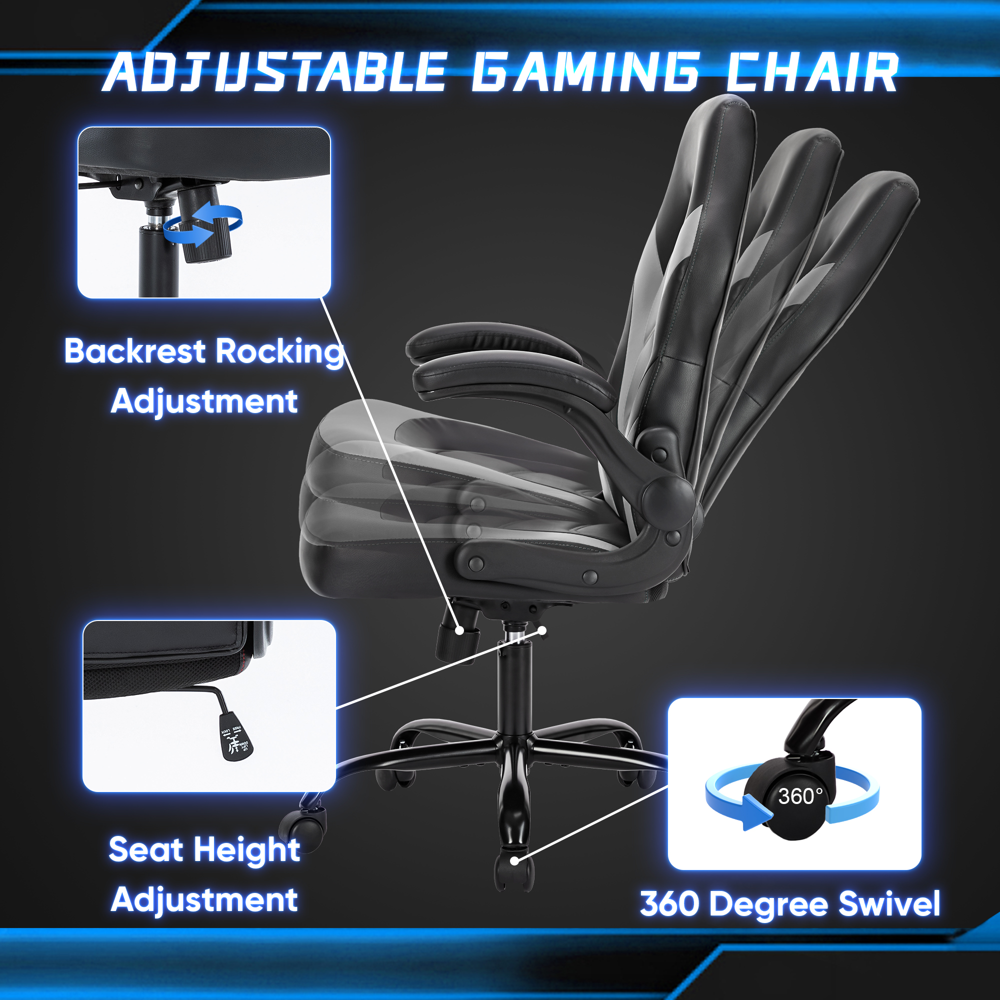 JHK Sedia da scrivania ergonomica per computer da ufficio Sedia da gioco per la casa Sedia da corsa regolabile in pelle PU Bracciolo ribaltabile per mobili natalizi
