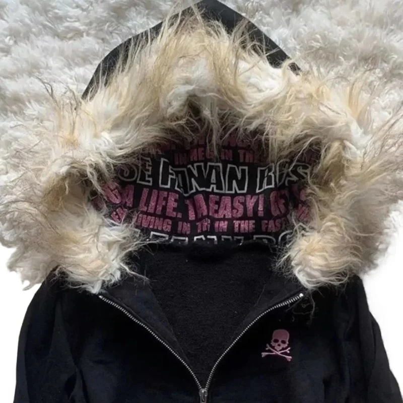 High street retro feminino com capuz inverno novo item harajuku multifuncional manga comprida lã quente zíper gótico y2k manga comprida