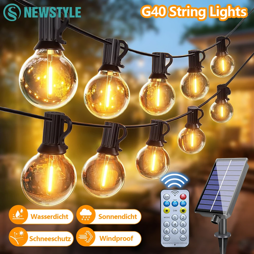 Zewnętrzne lampki solarne LED z pilotem, nietłukące żarówki, ściemnialne lampki solarne G40 do dekoracji na zewnątrz, podwórko, imprezę.