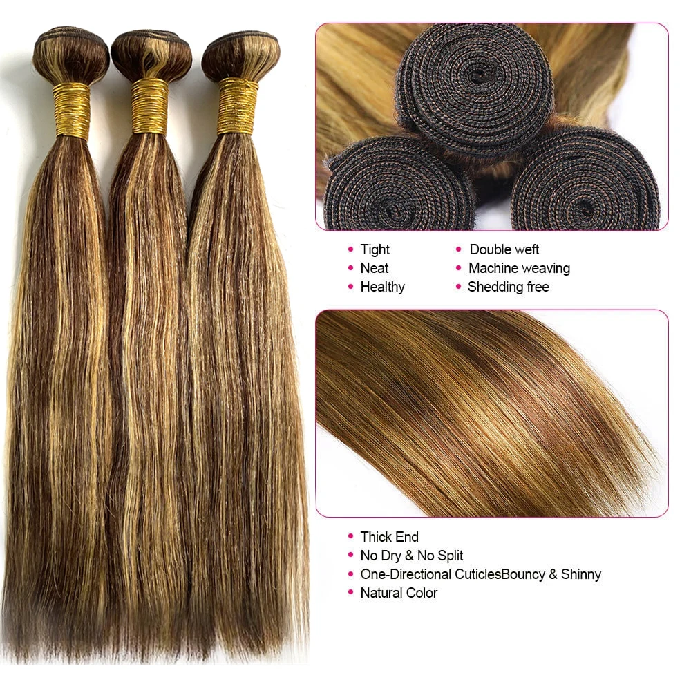 12A Highlight Bundlesตรงผมมนุษย์P4/27 สีOmbreน้ําผึ้งสีบลอนด์บราซิลต่อผมผมสาน