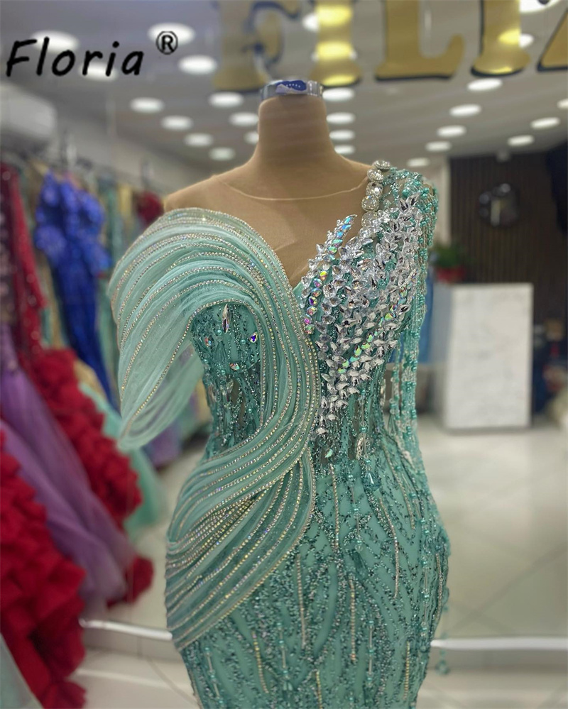 Charmantes mittleres grünes Meerjungfrau-formales Abendkleid mit Perlen, Kristall-Abschlussballkleid, Pailletten-Quaste, Partykleider, formelle Abendkleider