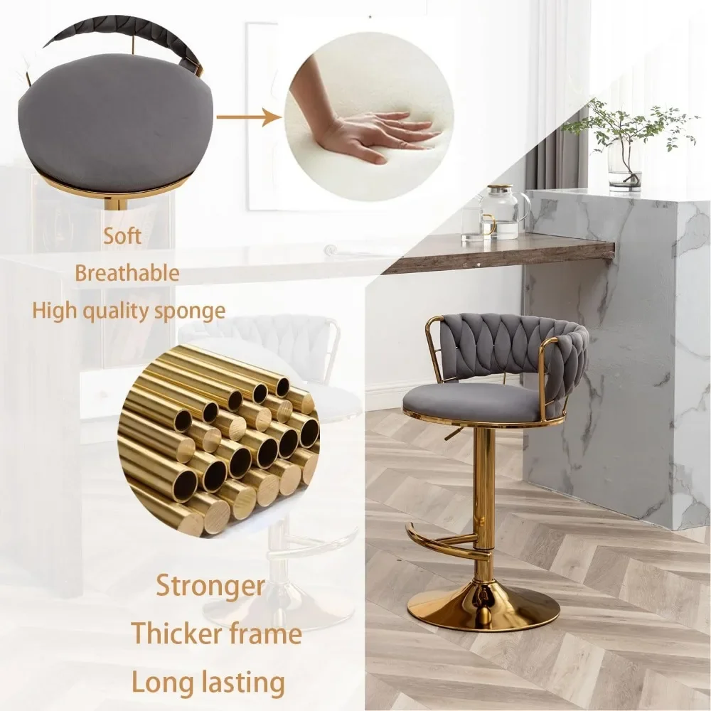 Gold Velvet Bar Stools Set of 4, Counter Height Bar Stools with Low Back, Swivel Stool for Kitchen Island, Bar Pub (Grey)