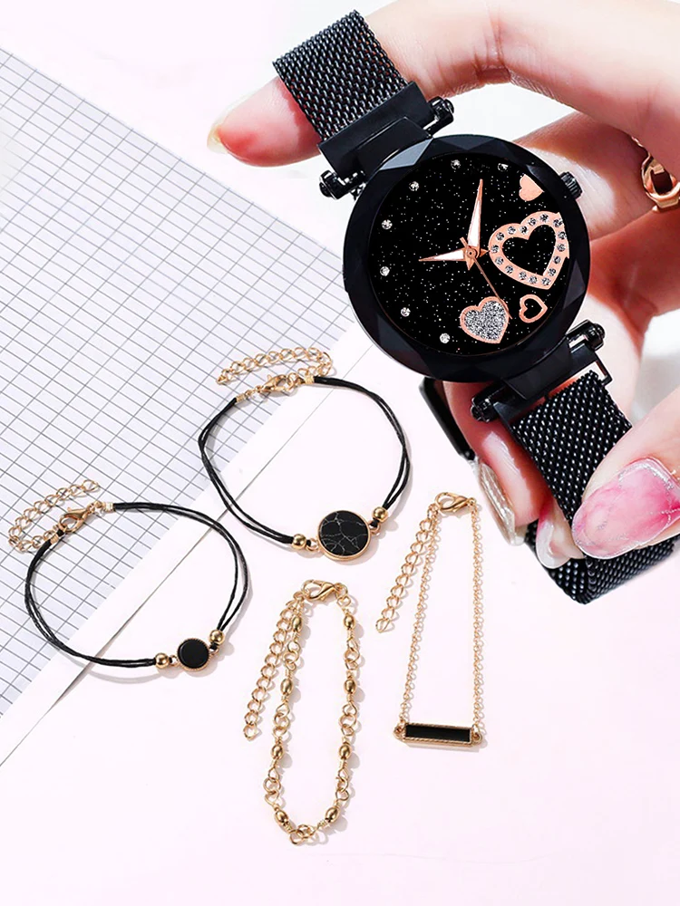 5 uds moda mujer cielo estrellado amor malla de hierro absorbente con reloj de cuarzo + conjunto combinado de pulsera