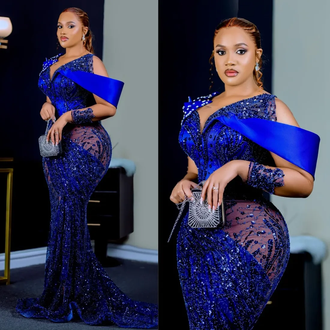 Королевские синие платья для выпускного вечера Aso Ebi по индивидуальному заказу с длинными рукавами и кружевом русалки из бисера Вечерние платья Иллюзионные обручальные платья