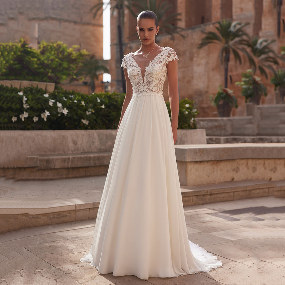 2025 A-Line vestido de novia de encaje novias Boho mujeres manga casquillo cuello en V espalda abierta encaje de lujo elegante vestido de novia personalizado