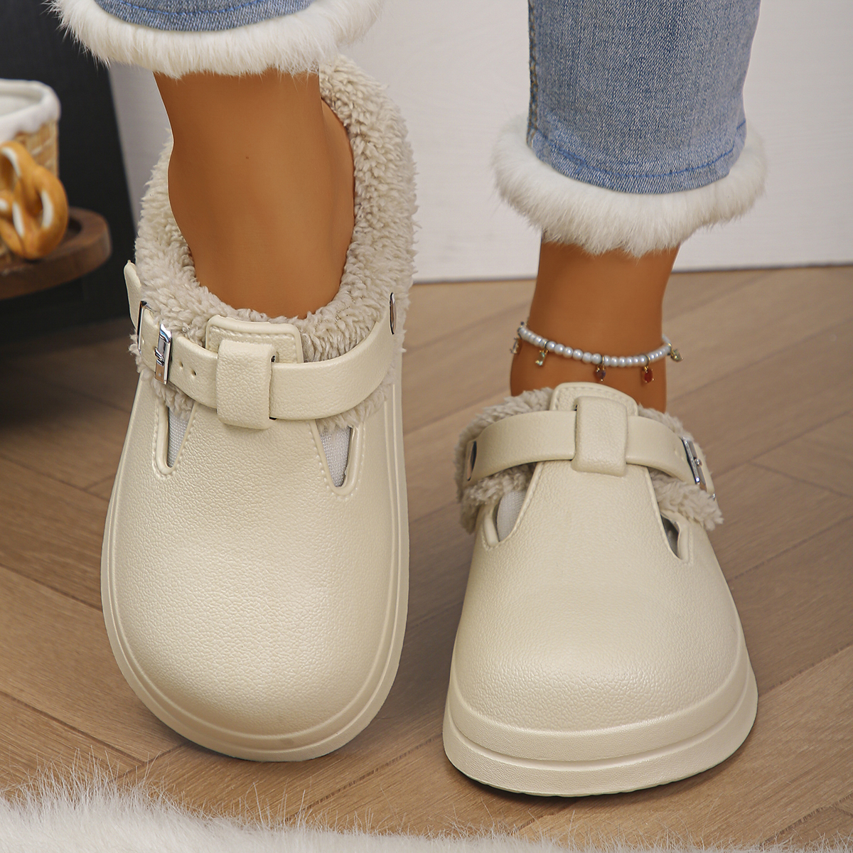 À prova dwaterproof água eva peludo mules chinelos feminino 2025 inverno fivela de metal quente chinelos de pelúcia macio fundo grosso não deslizamento slides internos