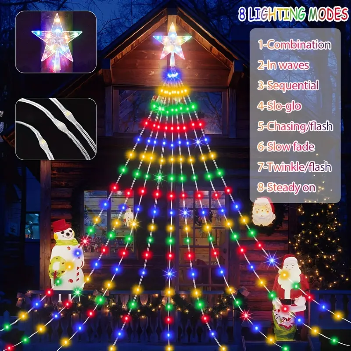 USB/Solar Christmas Tree Lights String Outdoor/Indoor Star Waterfall Lights 8 Modes for Party Halloween Christmas Festive Decor