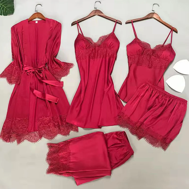 Conjunto de pijama blanco de 5 uds para dormir, pijama de satén de encaje para mujer, Kimono, bata de baño, ropa de dormir holgada, ropa de dormir informal con cuello en V para el hogar