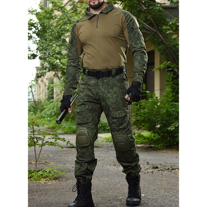 Ru Camo ชุดยุทธวิธีสำหรับผู้ชาย, เสื้อยืดแขนยาวระบายอากาศกลางแจ้ง + กางเกงคาร์โก้หลายกระเป๋าตรงชุด2ชิ้นชุดฝึกซ้อมต่อสู้