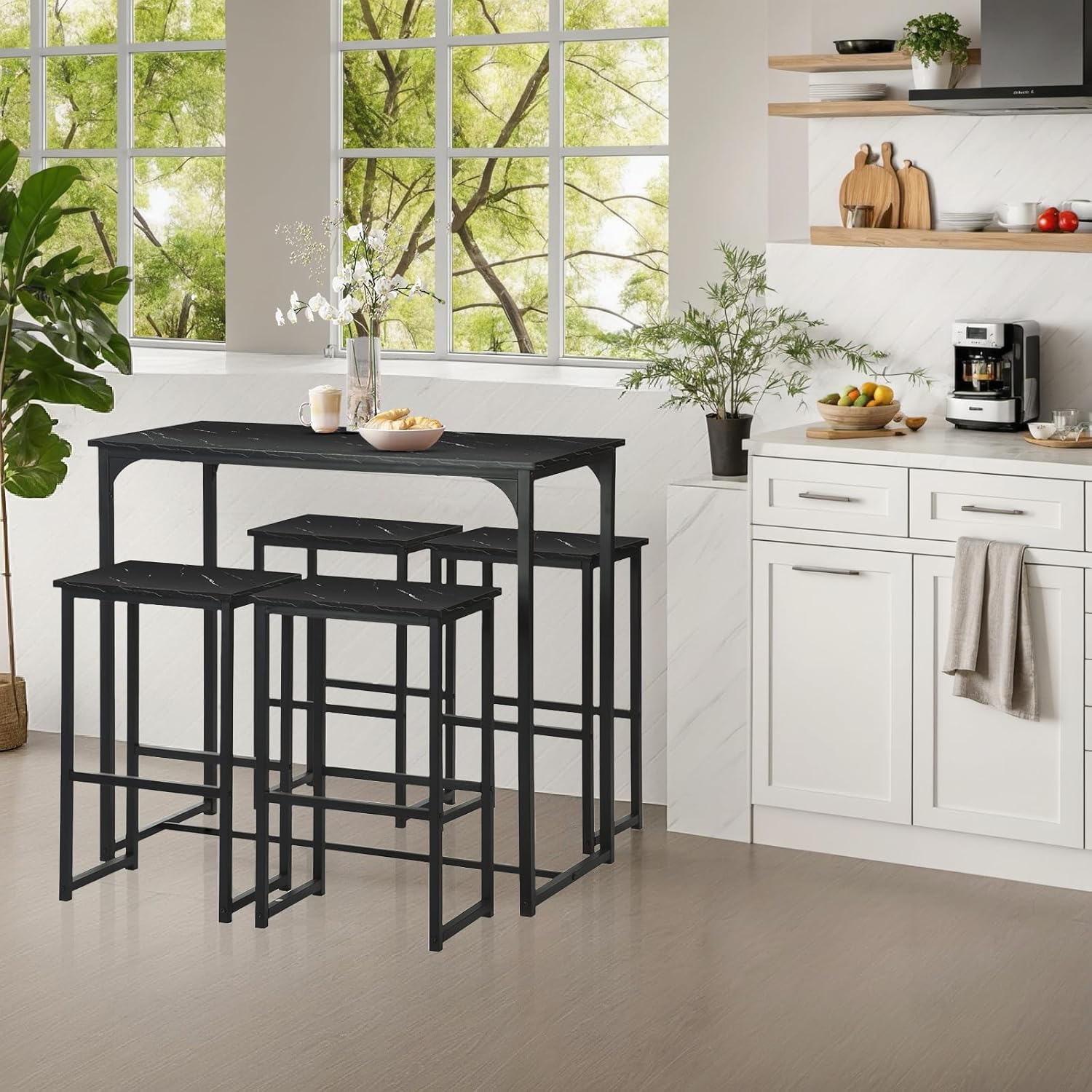 Bartisch mit Barhocker Set, Bartisch Küche mit 4 Stools, Industriestil, Bartisch 100×50×90 cm, 4 Barhocker 30×40×65 cm(Schwarz)