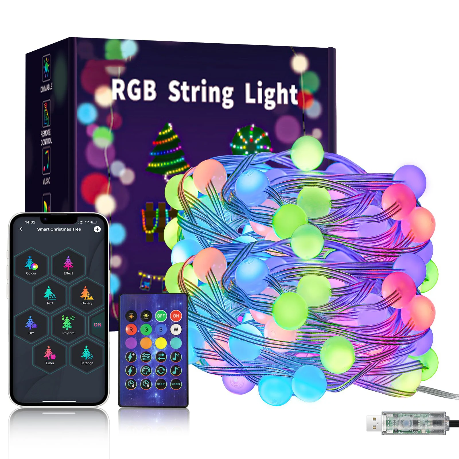 RGB светодиодная гирлянда с круглыми лампочками, умная адресная USB гирлянда с дистанционным управлением по Bluetooth для улицы, Рождественский Декор комнаты