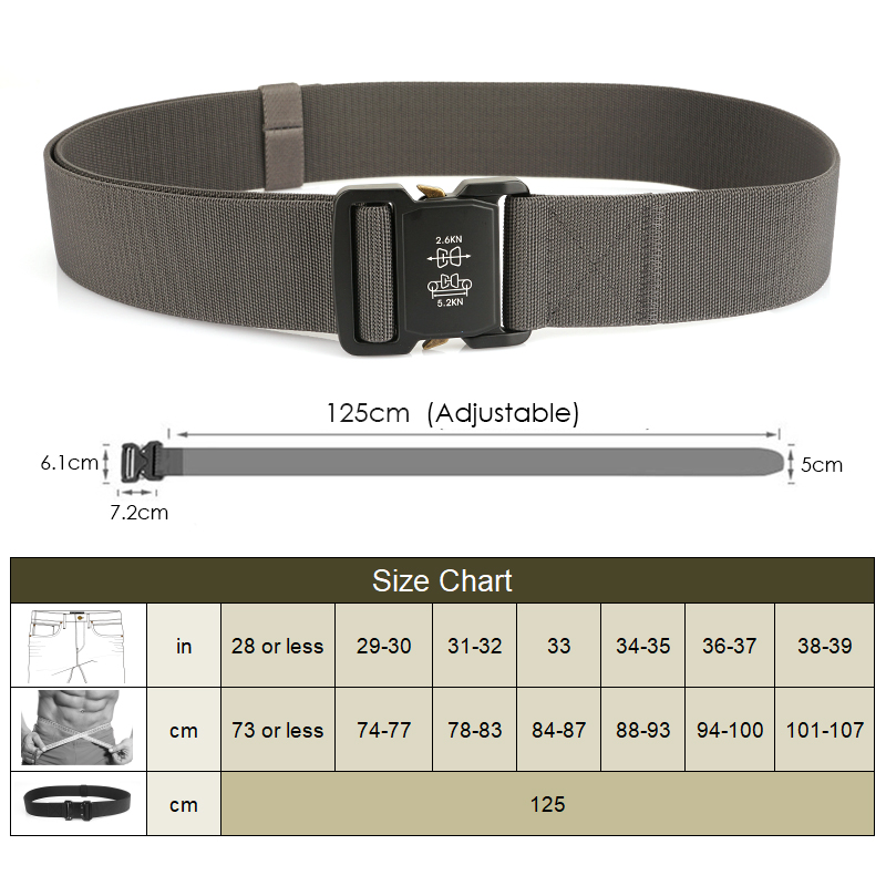 VATLTY 5cm / 2in Cinturón Elástico para Hombre Hebilla de Aluminio Cinturón Ancho Ligero Cinturón Táctico Militar Faja Casual Gris Hombre