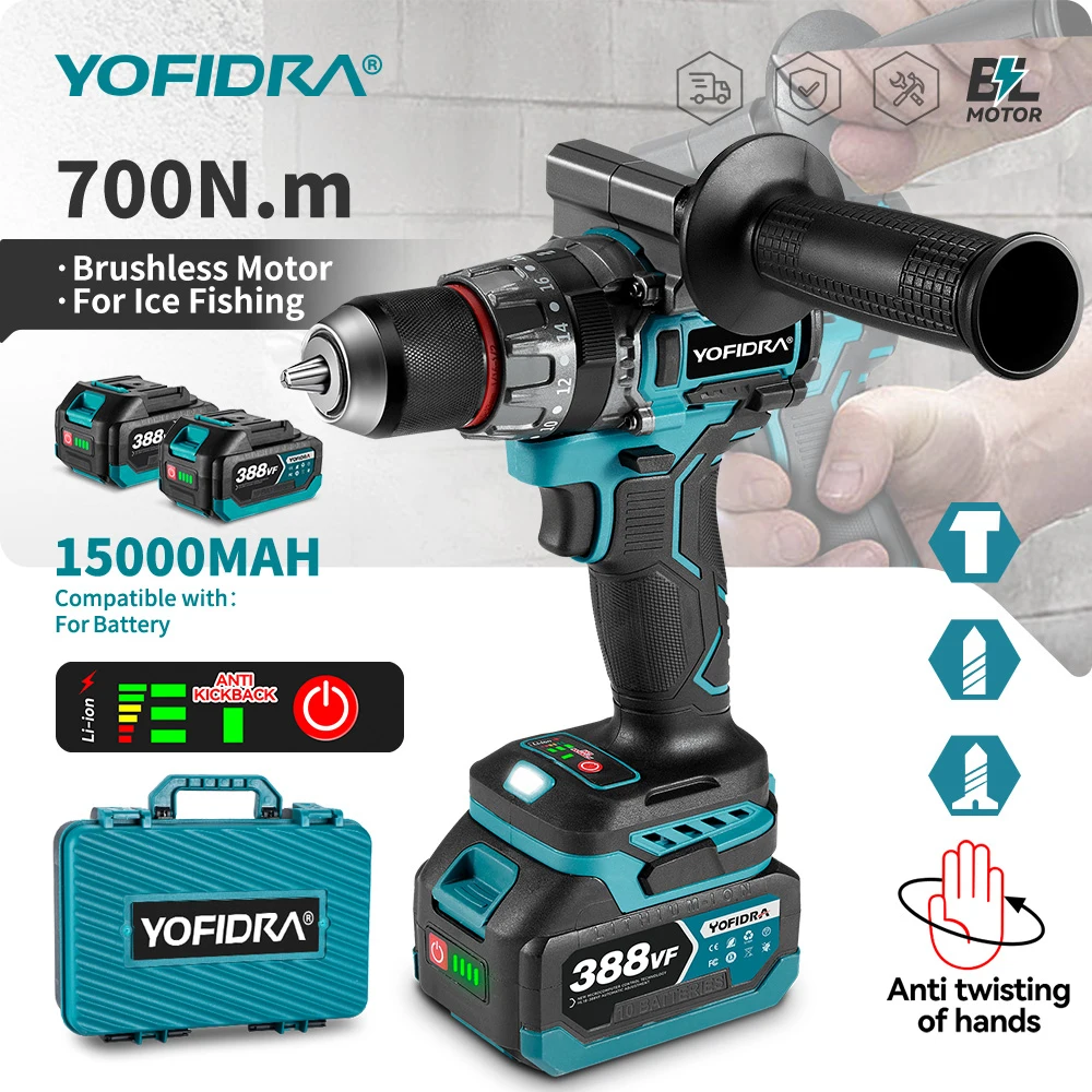 YOFIDRA 700N.M Bürstenlosen Elektrischen Schlagbohrmaschine Akkuschrauber Platten Boden Holzbearbeitung Power Tool Für Makita Batterie Pin