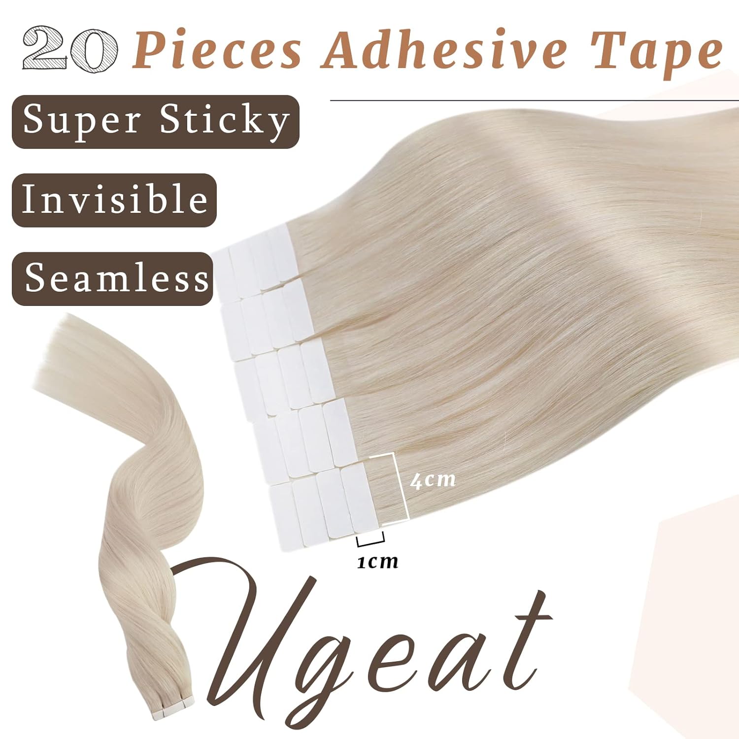 Ugeat Tape-in-Haarverlängerungen, Echthaar, blond, Remy Tape-in-Extensions für Frauen, Platinblond, unsichtbares Echthaar