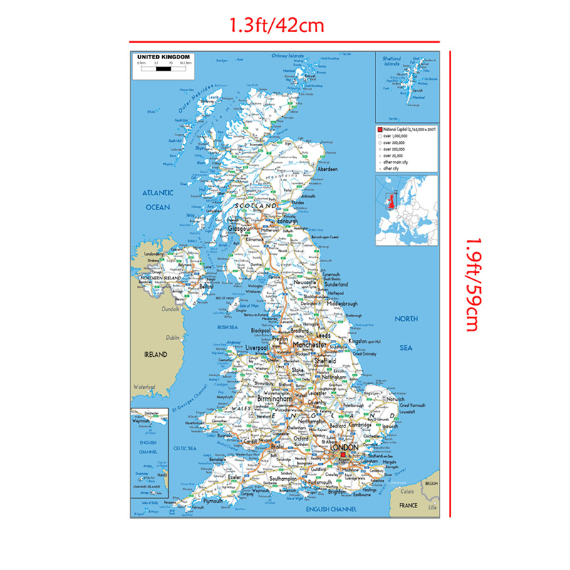 O mapa do reino unido em inglês administrativo/geográfico/mapa de estrada arte de parede pôster pintura material escolar