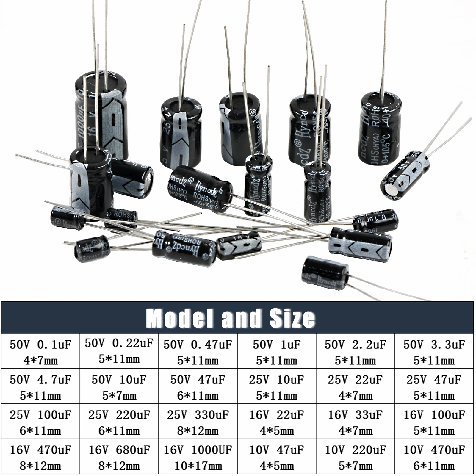 Condensadores electrolíticos de aluminio, 10v, 16v, 25v, 50v, 0,1 uf, 1uf, 2,2 uf, 33uf, 47uf, 220uf, 470uf, 680uf, 1000uf