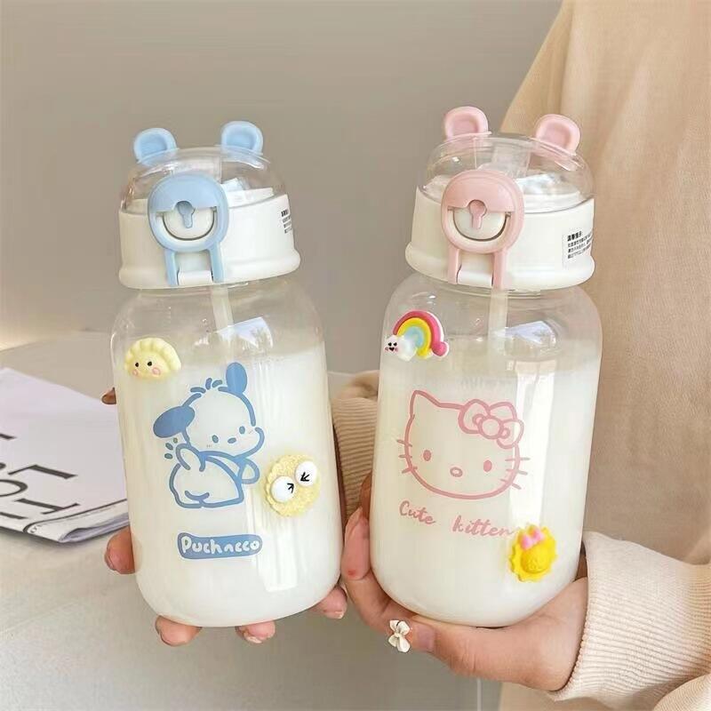 Taza con pajita transparente Kawaii Sanrio Hello Kitty de 600ML, dibujos animados de Anime Pochacco Kuromi Cinnamoroll para niños, botella de agua, regalos