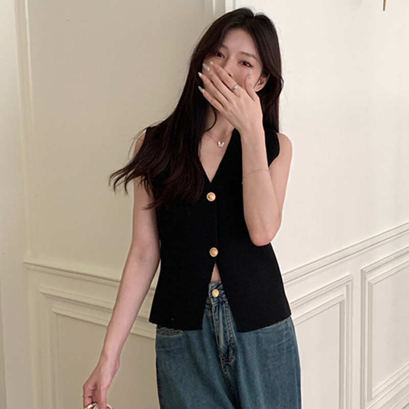 Dames gebreid vest Top Frans retro vest Effen kleur V-hals Knoop Slim Fit tanktop Mouwloos slank gebreid vest met enkele rij knopen