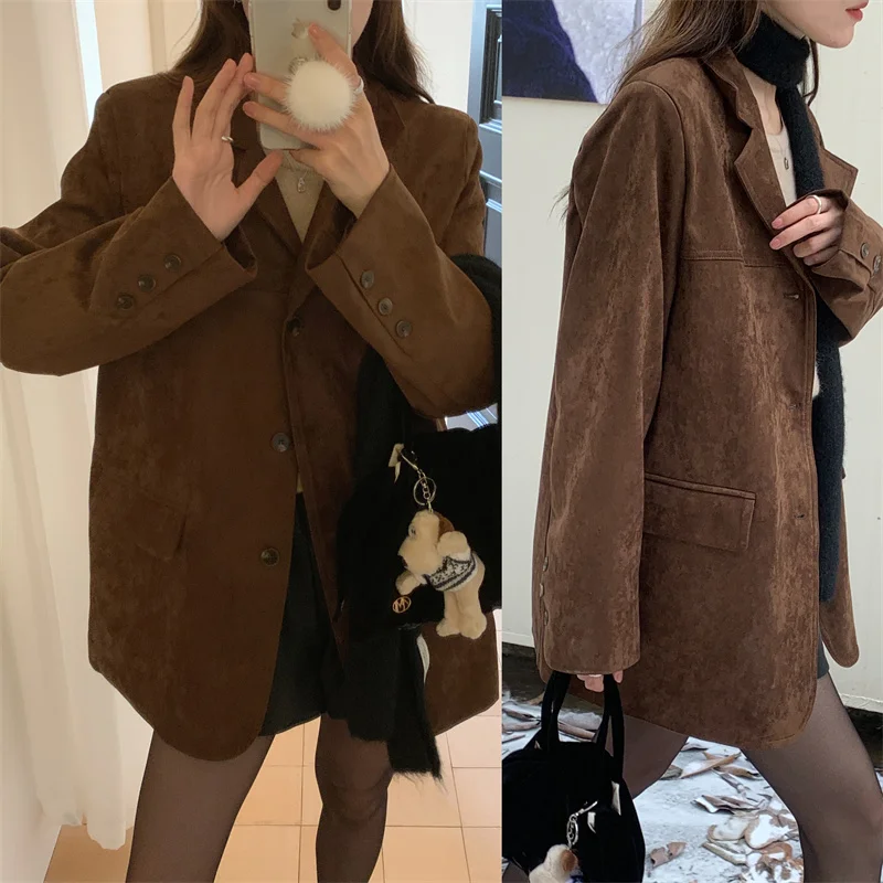 Jaqueta de Couro Casual Fena Estilo Coreano Retrô, Solta, com Padrão Xadrez, Manga Longa, Fechamento com Um Botão