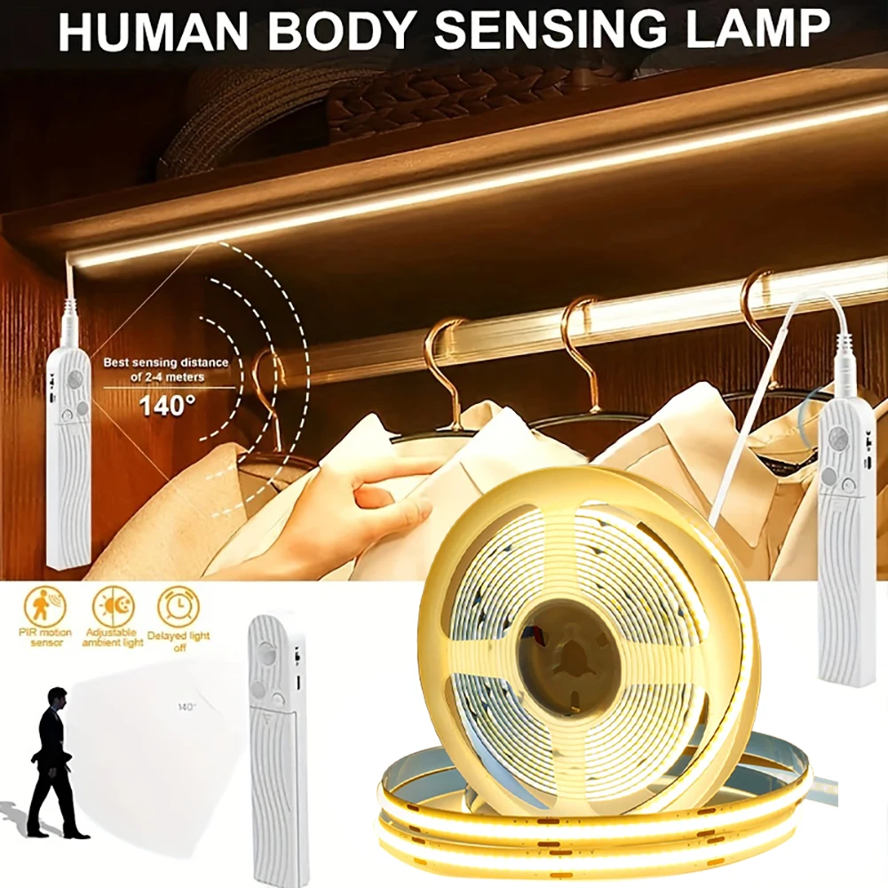 Bewegungsmelder-LED-Lichtleiste, batteriebetrieben, 320 LEDs/m, COB-LED-Streifen für Treppen, Schlafzimmer, Schrank unter der Schrankbeleuchtung