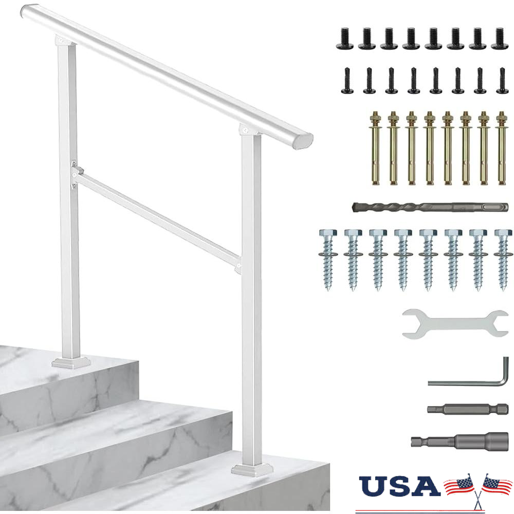 Metal Stair Railing Handrail Kit Outdoor Steps Adjustable Easy Install Durable Support Seniors 3-Step Safety Guardrail