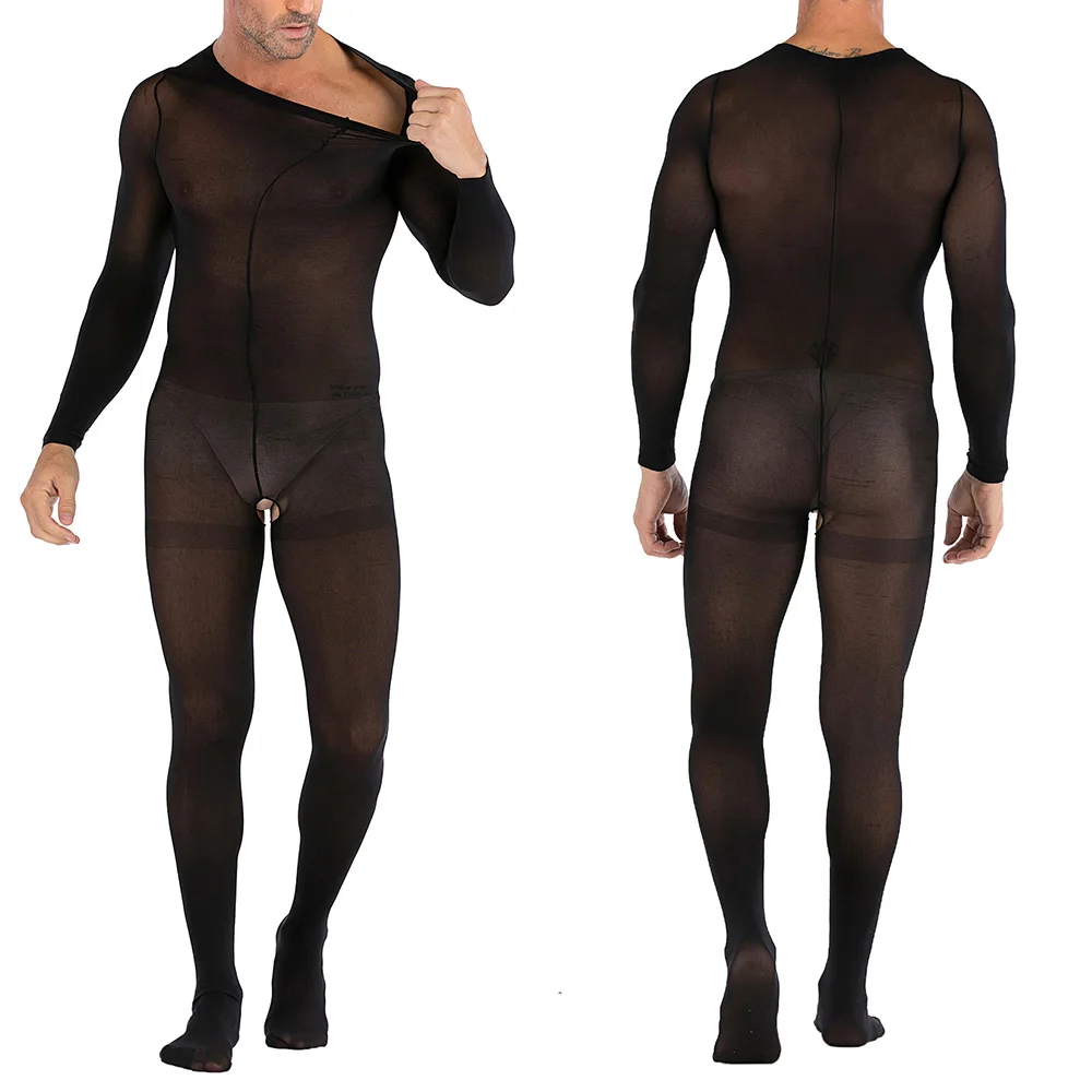 Sexy Erotic Lingerie Men Sheer Solid Color Bodysuit Jumpsuit Sissy Breathable Crotchless Full Body Transparent Soft Stockings