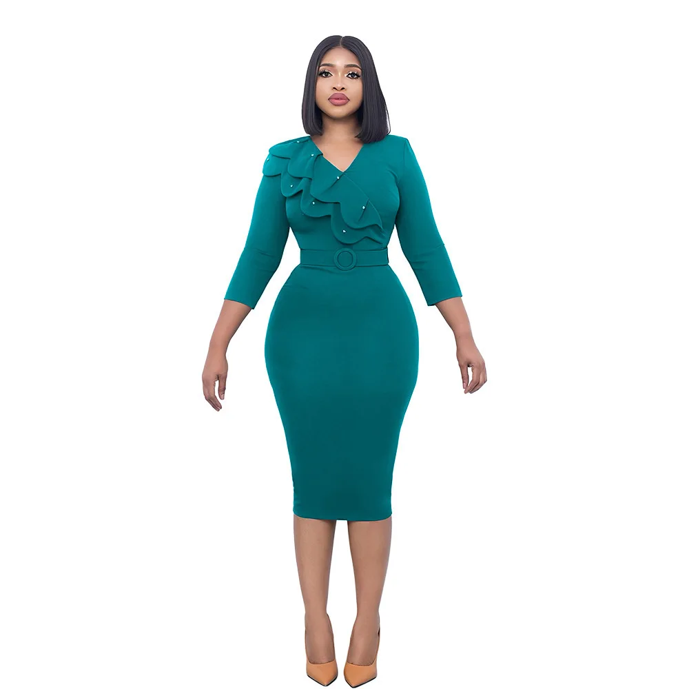 2024 Polyester Afrikanische Kleider für Frauen Elegante Herbst Afrikanische 3/4 Ärmel V-ausschnitt Rot Grün Gelb Schwarz, Figurbetontes Kleid Mit Gürtel
