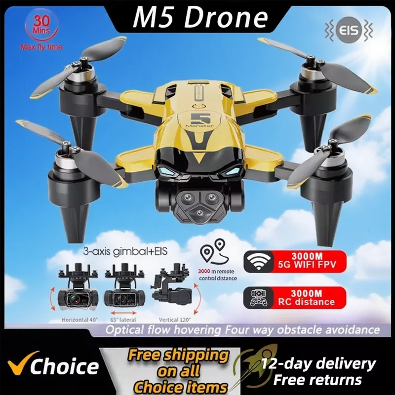 M5 drone profissional 8k com grande angular, três câmeras para evitar obstáculos, gps 5g, posicionamento de fluxo óptico, quadricóptero rc sem escova
