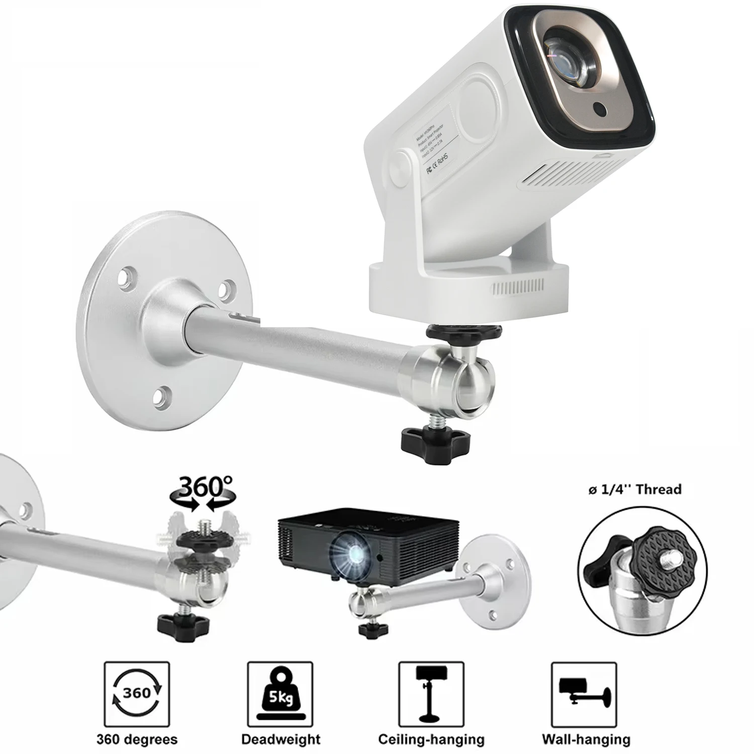Suporte para Projetor Portátil 360 °   Suporte giratório de alumínio para montagem em parede de teto, adequado para projetor de feixe HY260 Pro HY320