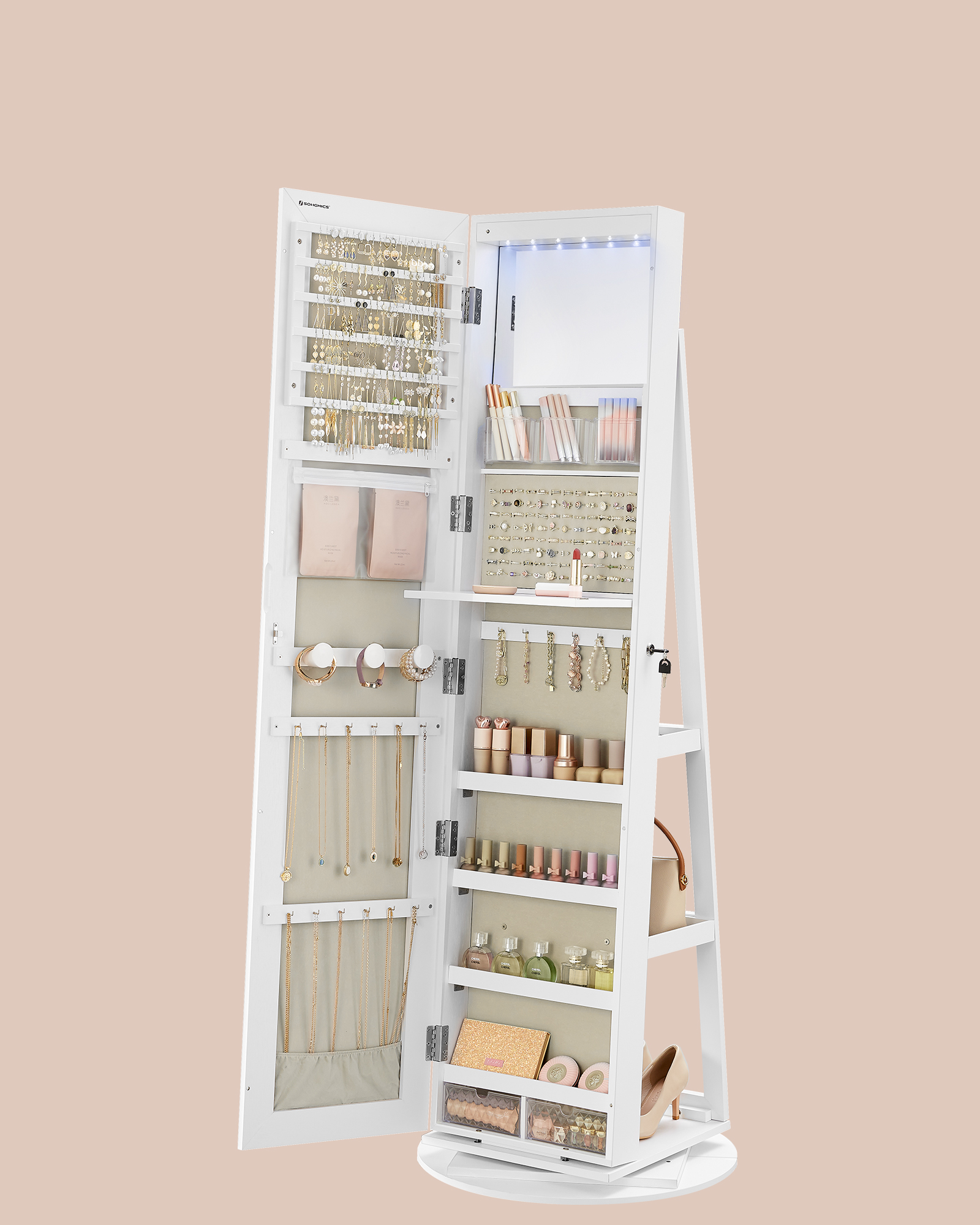 SONGMICS Schmuckschrank mit LED und Spiegel, 3 Ablagen, 360° drehbar