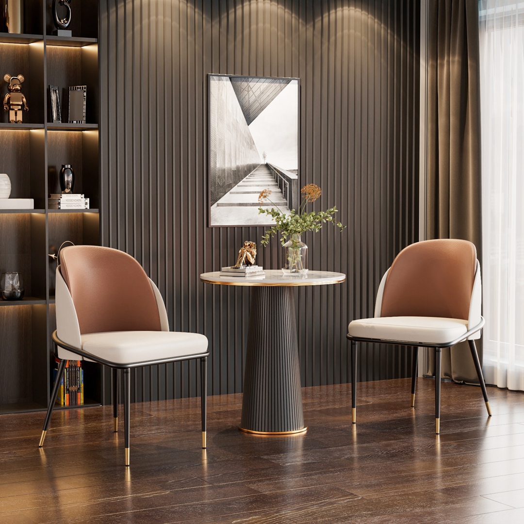 2-Piece Dining Chairs Black Metal Frame Two-Tone Microfiber Leather Upholstered Seat Modern Side Chairs for Dining/Living Room