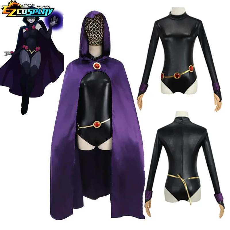 Adolescente titãs raven cosplay traje feminino menina mágica cosplay luta bodysuit conjunto completo com capa com capuz roxo