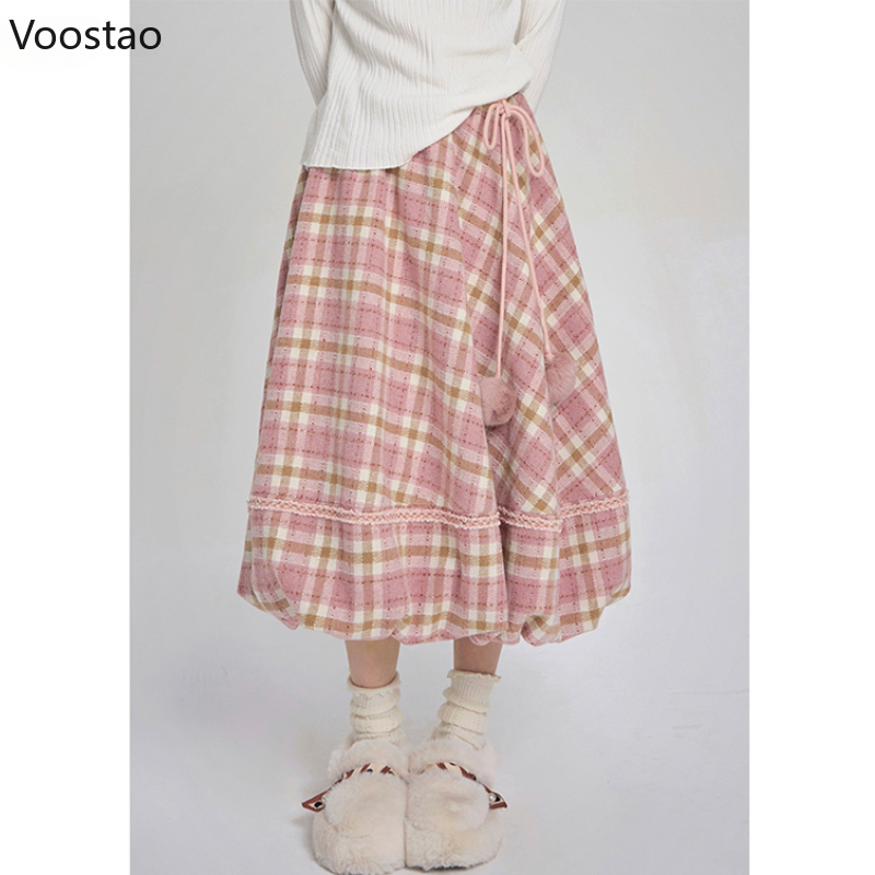 Rosa Plaid Vintage Rock Herbst Winter Frauen Adrette Chic Plüsch Ball Elegante Midi Rock Koreanische Weibliche Y2k A-linie Röcke