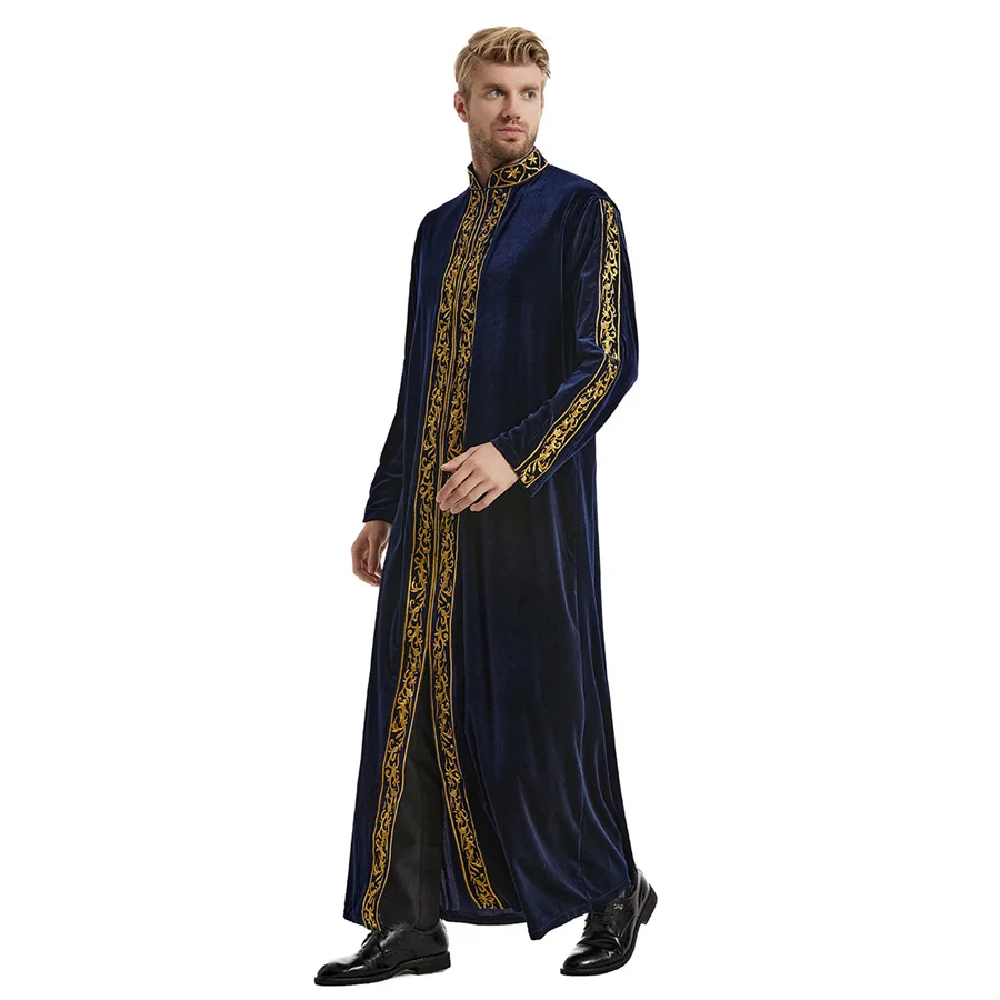 Caftan muçulmano masculino gola bordado ramadan thobe com manga longa robe islâmico kaftan thawb dubai tornozelo comprimento abaya