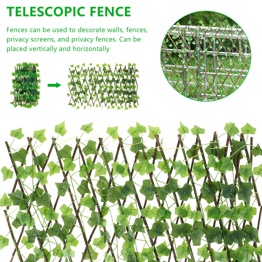Nuovo schermo da giardino Traliccio espandibile Schermo per la privacy Siepe Foglie di edera finte artificiali Recinzione in legno per edifici da giardino