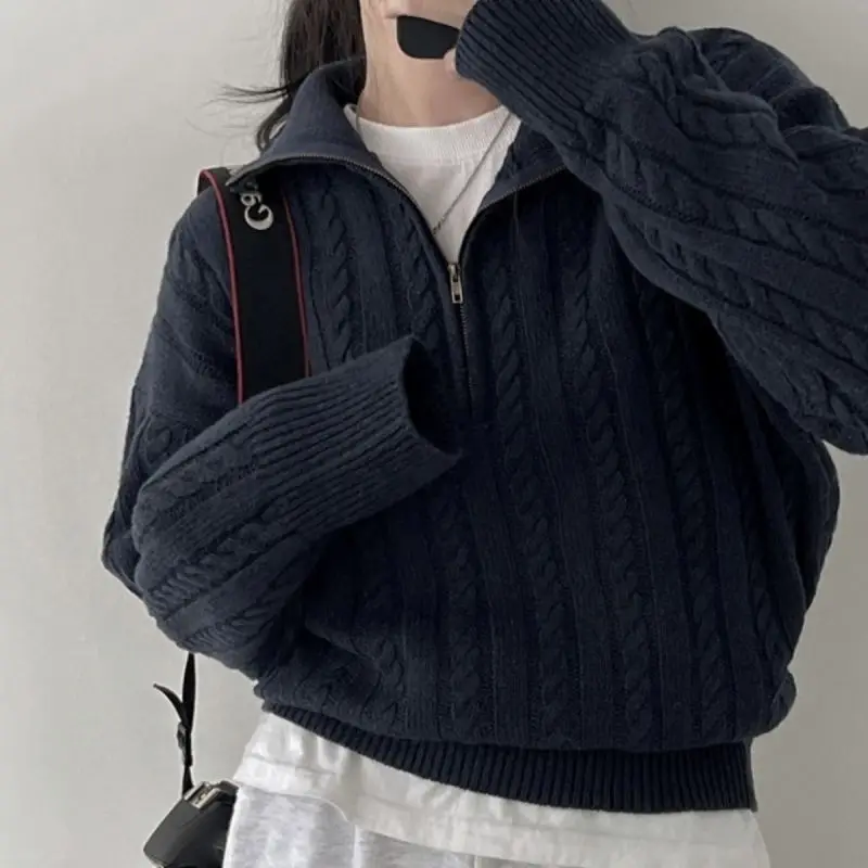 Deeptown moda coreana meio zíper suéteres feminino vintage torcido malha colheita pulôver casual sueter mujer manga longa topos