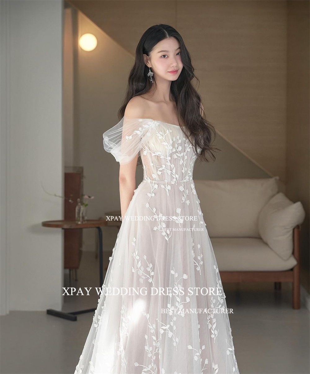 Xpay-プリンセスレースのウェディングドレス,裸の肩,韓国のブライダルガウン,ライン,レースのアップリケ,背中の開いた,写真撮影,花嫁のドレス