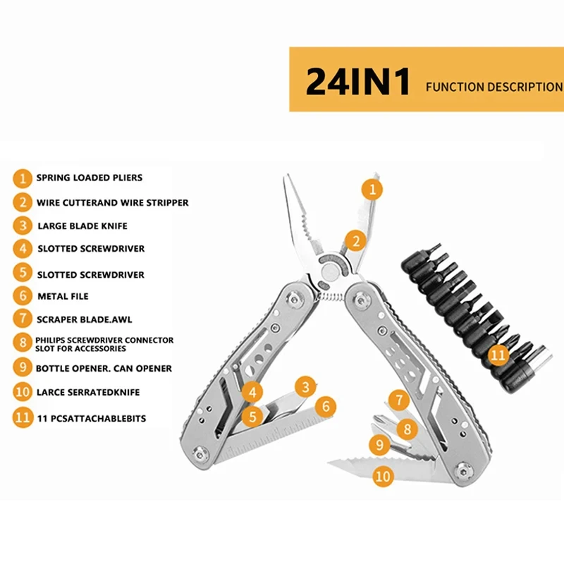 สแตนเลส 24 in 1 Multitool เครื่องตัดไขควงแบบพกพาสําหรับตั้งแคมป์ล่าสัตว์กลางแจ้งของขวัญคุณภาพสูงเครื่องมือพับสําหรับชาย