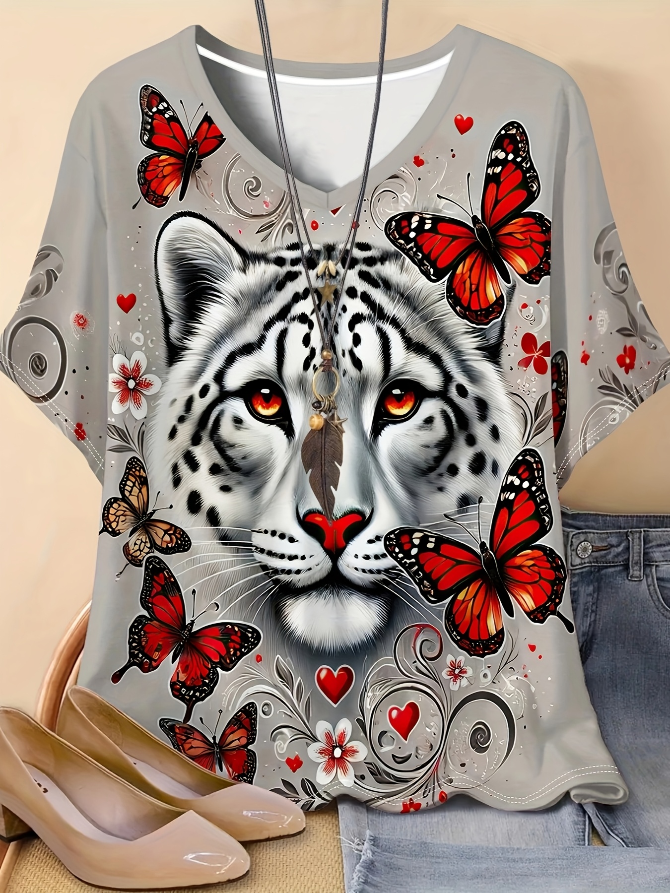 Sommer Casual Plus Größe Frauen V-ausschnitt Kurzarm T-shirt 3D Gedruckt Tier Serie Schmetterling Tiger Muster Schnell Trocknend