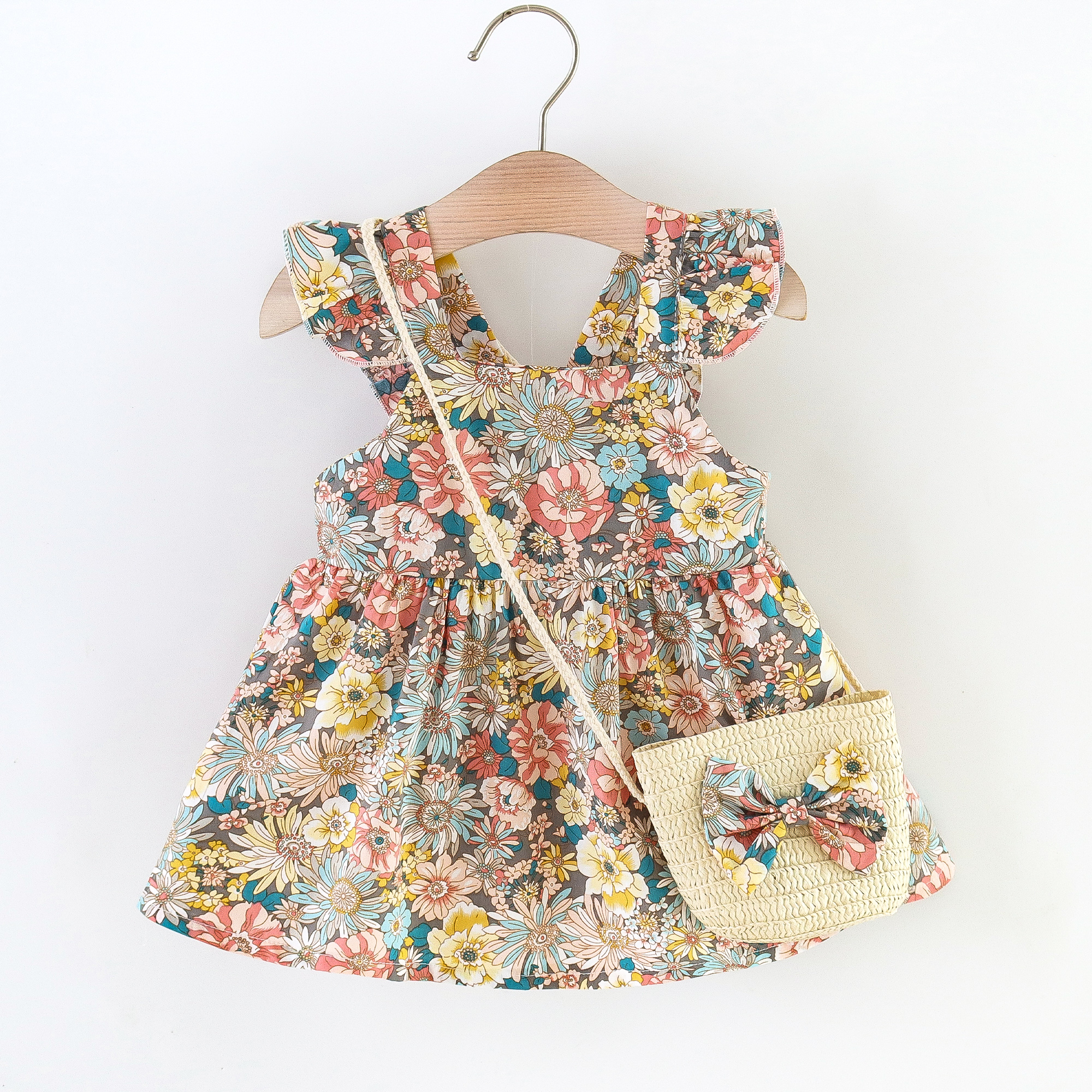 2 uds novedad de verano vestido de niña vestido de algodón con manga de mosca Floral a la moda con bolso cruzado adecuado para bebés de 0 a 3 años