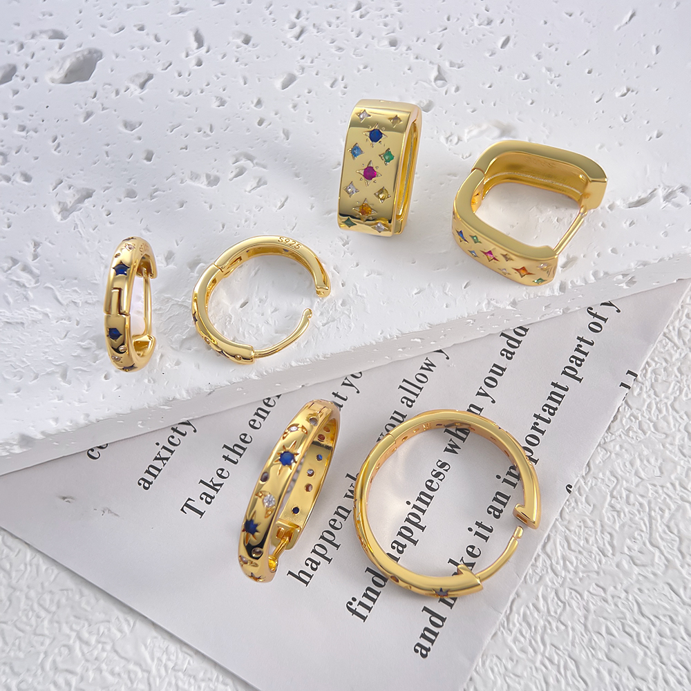 Retro 925 Sterling Silver Colored Starry Gold Square Hoop Earrings for Women's Wedding Parties Jewelry Accessories S925