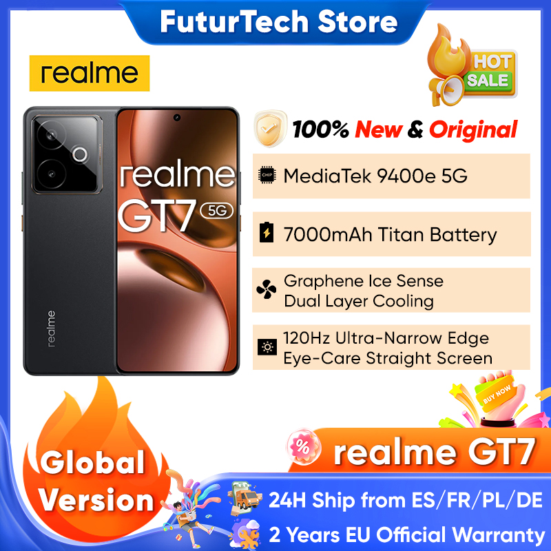 【Marca +】Versión global realme GT 7 5G AI Smartphone MTK Dimensity 9400e 6000nits Pro-Esports Display 7000 mAh Batería