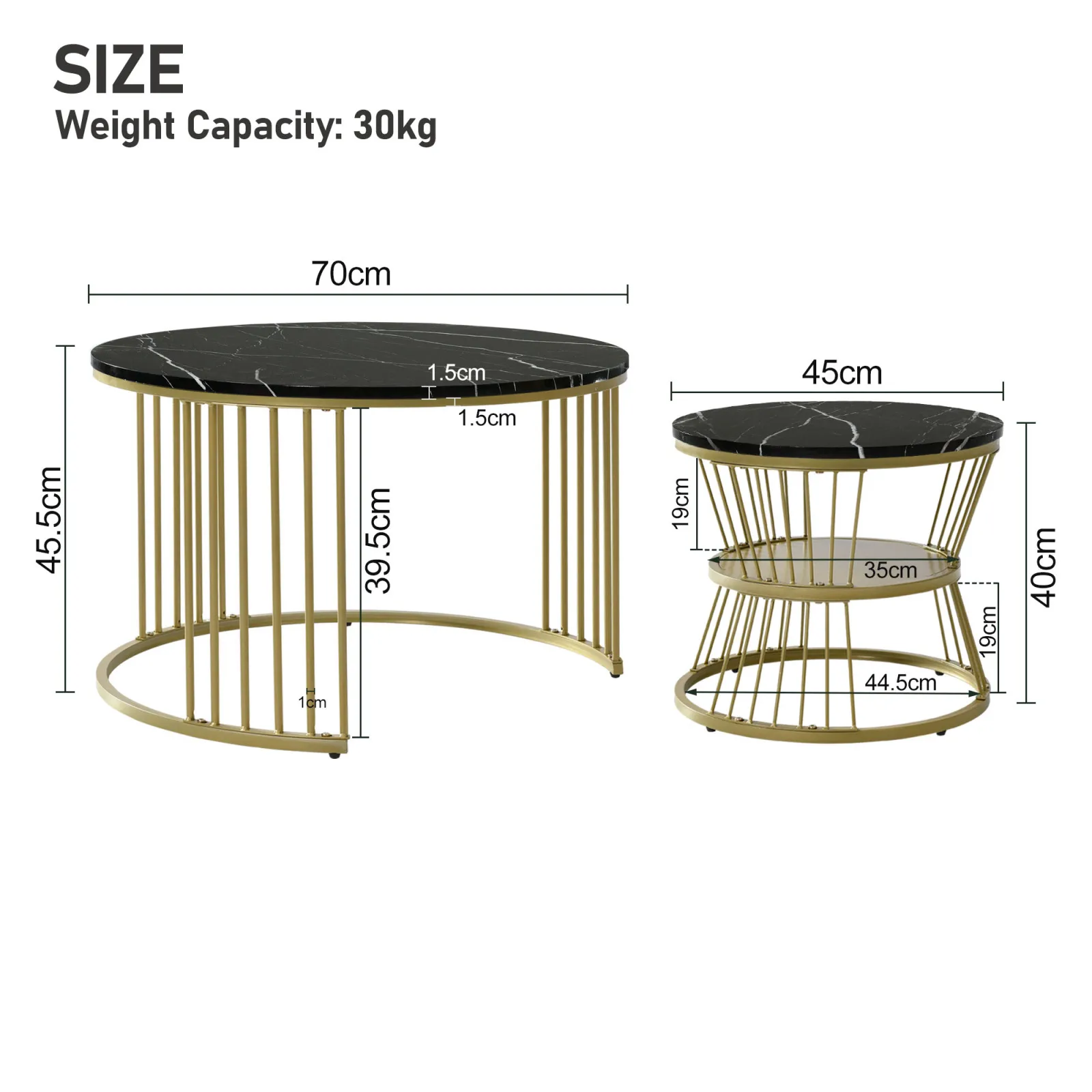 Table basse gigogne moderne, ensemble de table basse, côté canapé en placage de marbre, accent de tables, tables d'extrémité rondes, ensemble de 2, cadre doré