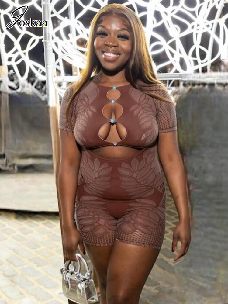 Joskaa Drucken Aushöhlen Playsuits Frauen Sexy Oansatz Kurzarm Dünne Einteilige Strampler 2024 Sommer Coqutte Nachtclub Outfits